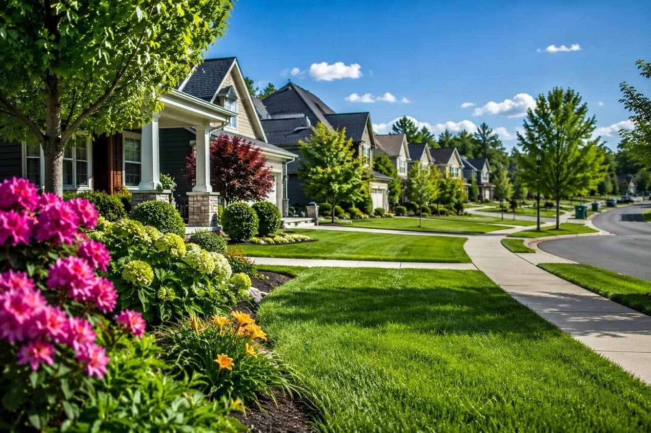 Well-maintained neighborhoods with green lawns, flowers, trees, sidewalks, and clean homes during early summer.