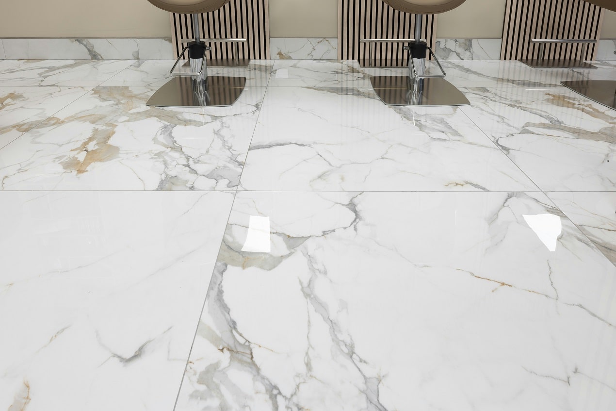 Glazed ceramic floor tile with polished finish, an alternative to unglazed zellige tile for high-traffic spaces