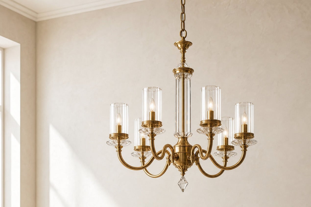 Antique brass chandelier fixture, an example of premium architectural lighting in a residential interior