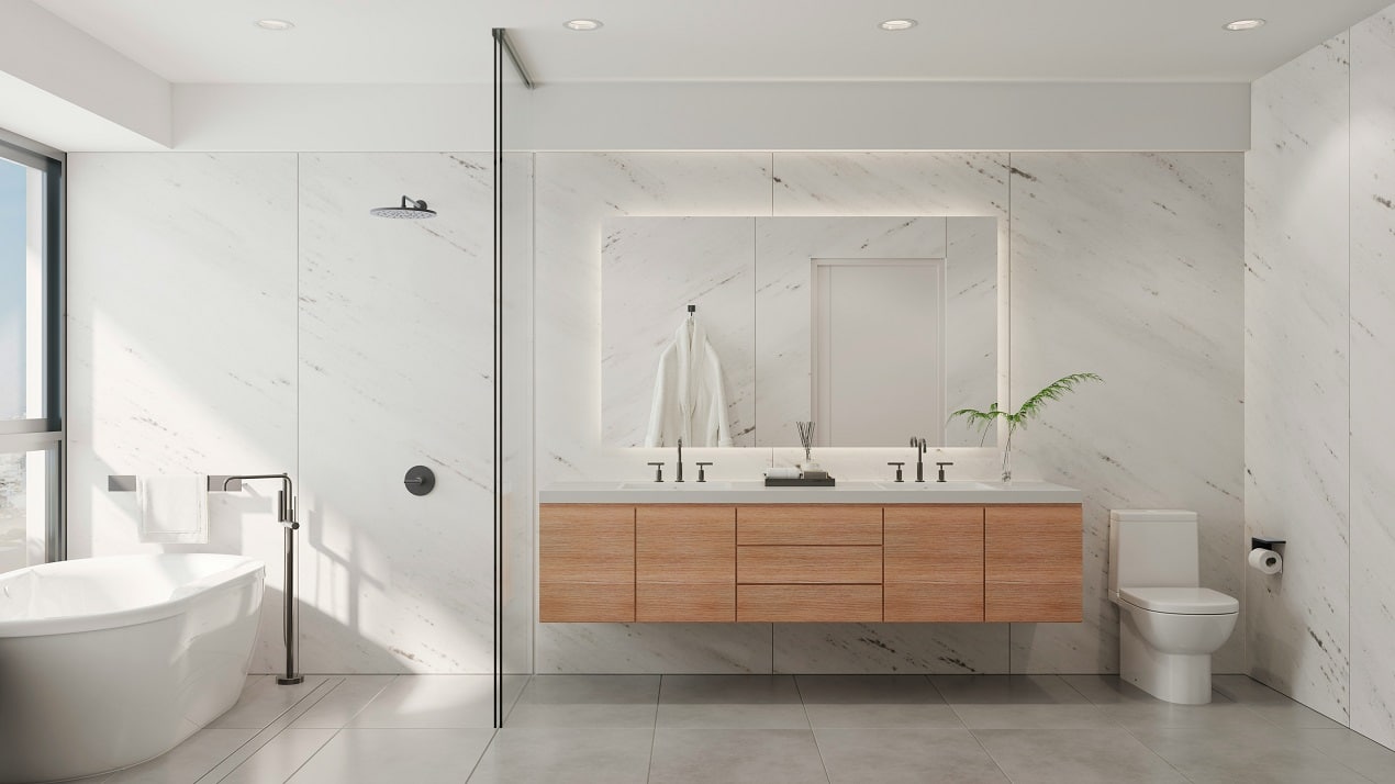 Luxury bathroom comparing shower vs bathtub with glass walk-in shower and freestanding tub side by side