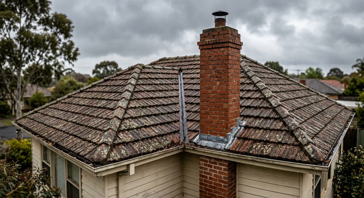 Worn tile roof with chimney flashing showing common roof leak entry points